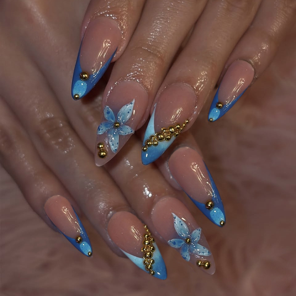 Pressed Flower Art - Nude fake nails with pink blue