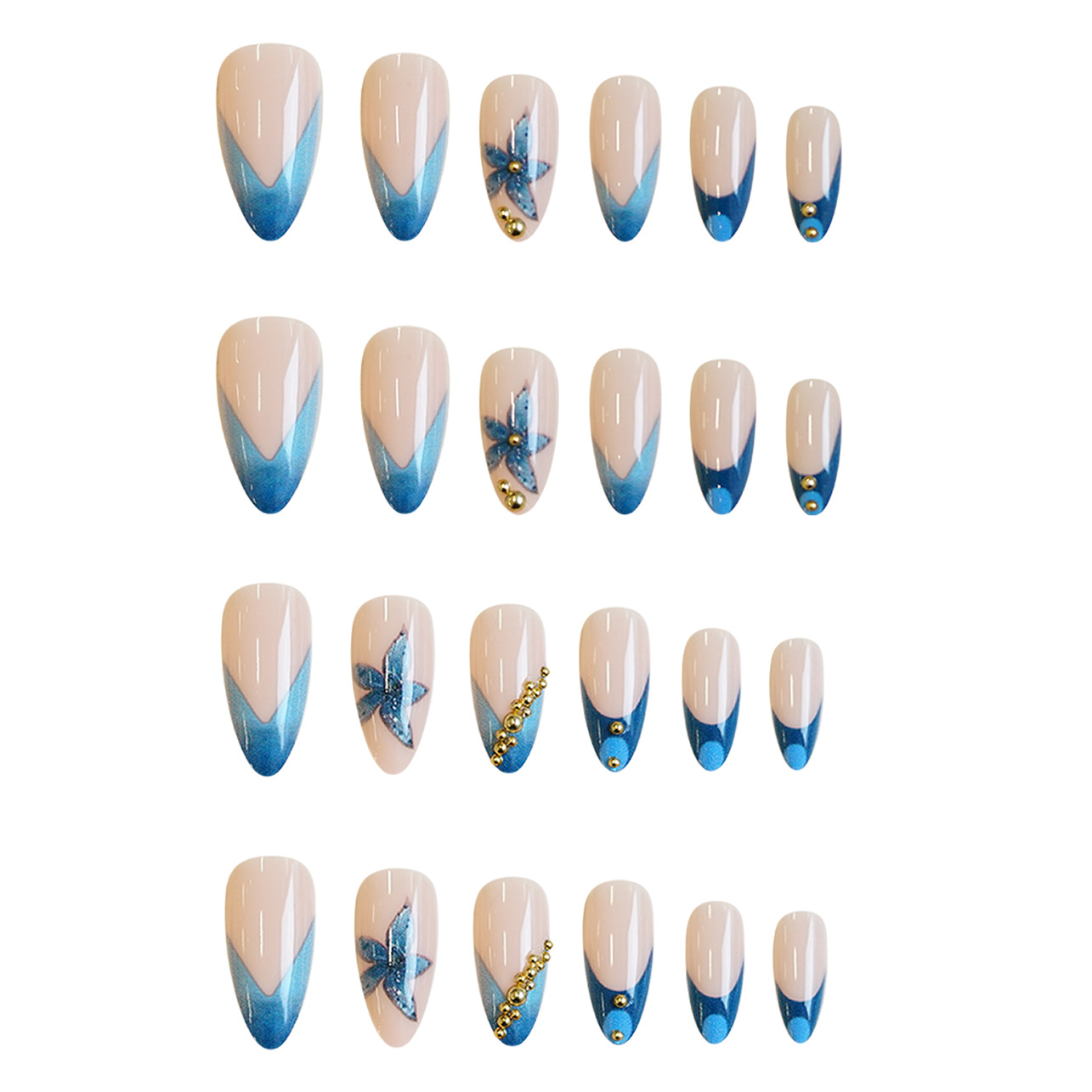Nude fake nails with pink blue - Pressed Flower Art 评论和价格