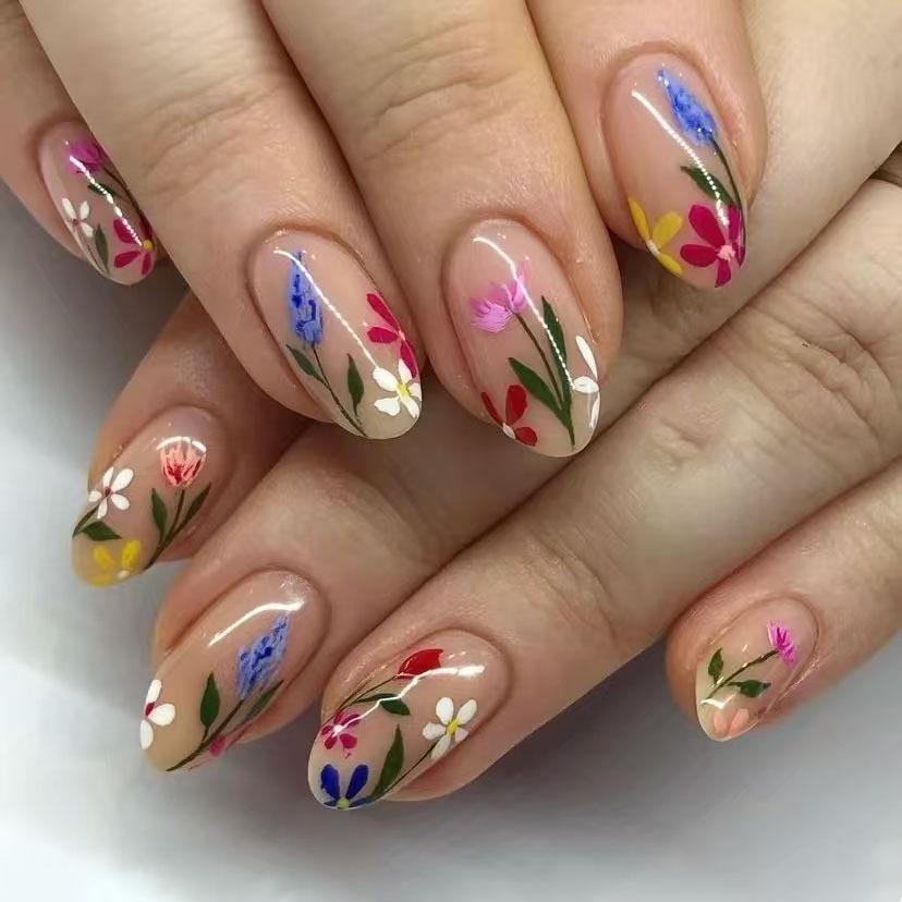 24Pcs Simple Almond Nails Tips - Pressed Flower Art 评论和价格